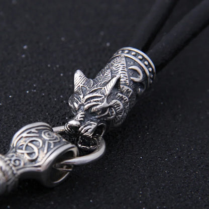 S925 Sterling Silver Viking Wolf heads with thor's hammer mjolnir pendant leather men necklace as christmas gift