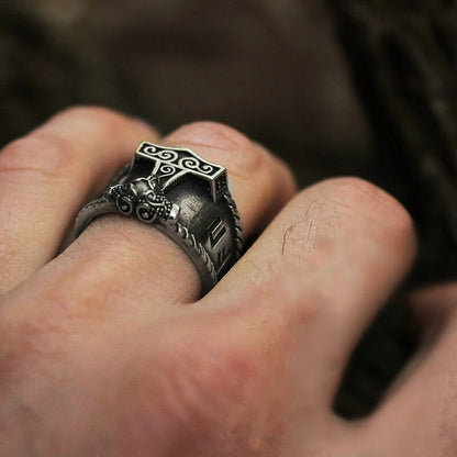 Viking Rune Ring Stainless Steel Mjolnir Thor's Hammer Nordic