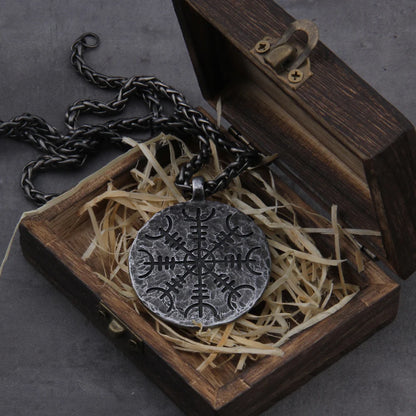 "Helm of Awe" and "Viking Vegvisir" Iron Color Viking Rune Pendant Necklace with Stainless Steel Chain As Men Gift