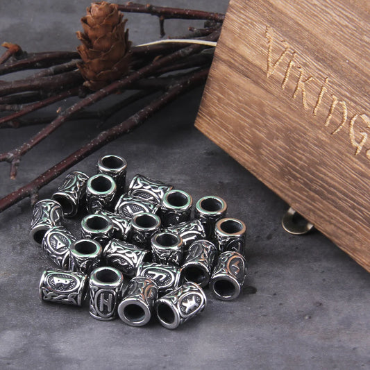 Stainless Steel 24pcs Viking Runes Beads TIWAZ TYR Sol Odal Futhark