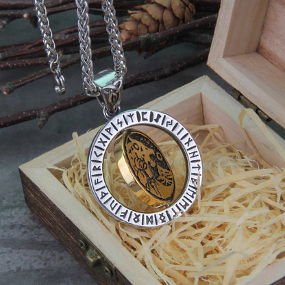 Rotating Wolf and Tree of Life Viking Rune Necklace Stainless Steel