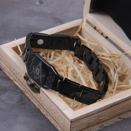Masonic Black Magnetic Bracelet Men Stainless Steel Hand Chain ID Bracelets Carbon Fiber Magnetic Health Energy Bracelet for Men