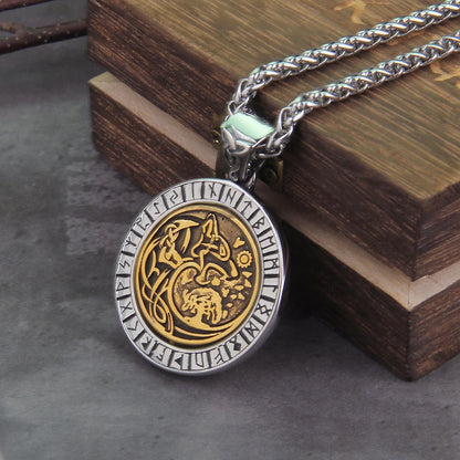 Rotating Wolf and Tree of Life Viking Rune Necklace Stainless Steel