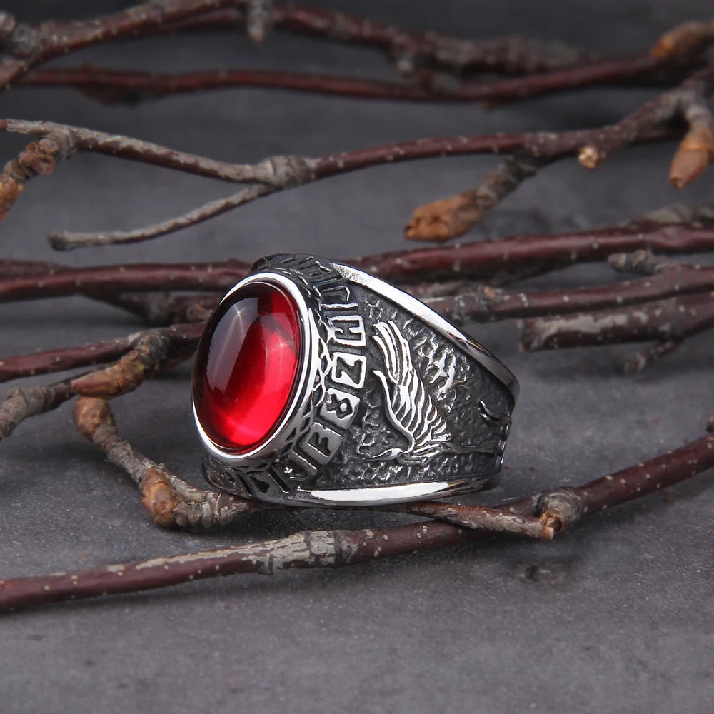 2020 Hot Selling Stainless Steel Red Stone Ring Viking raven and wolf ring never fade rune ring as men gift