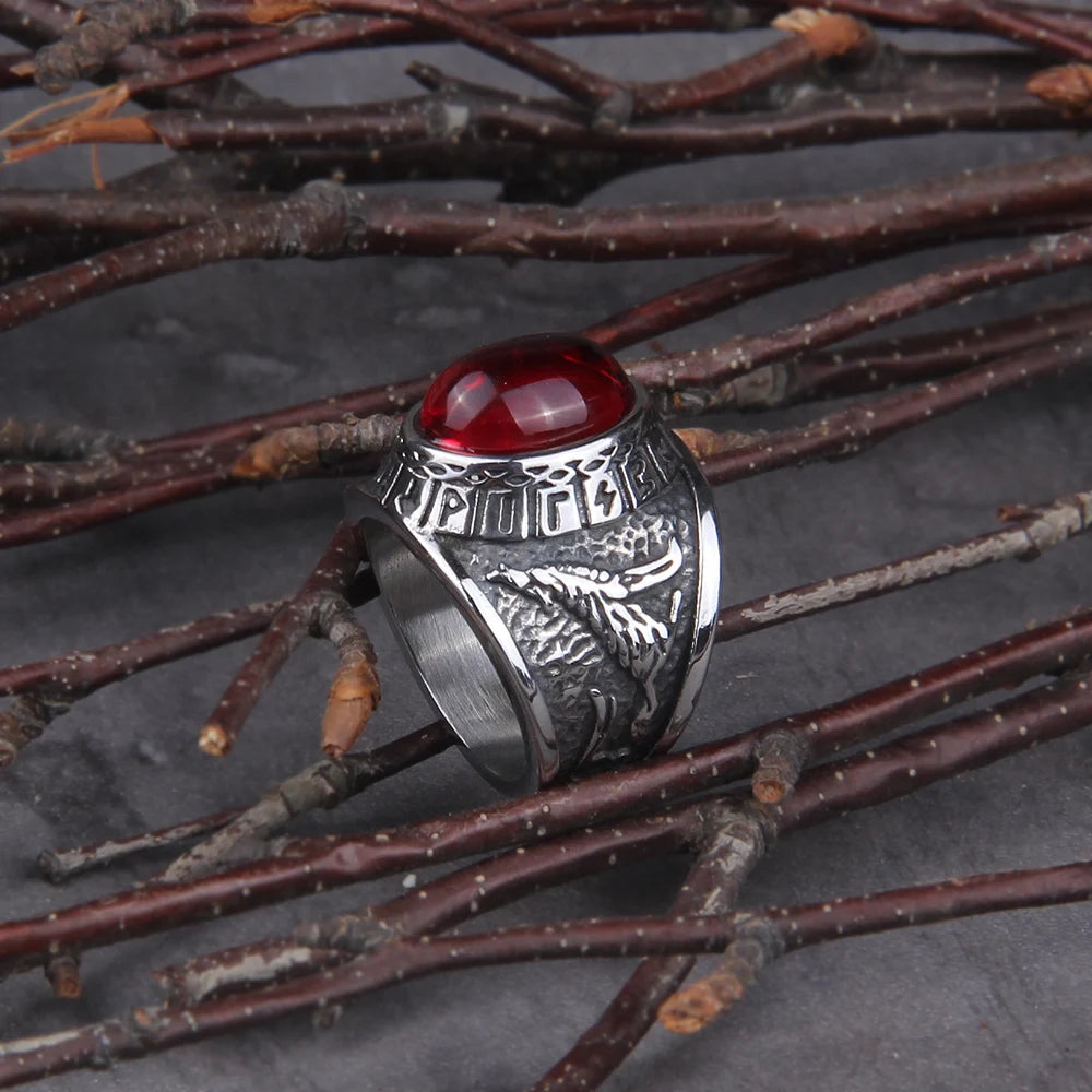 2020 Hot Selling Stainless Steel Red Stone Ring Viking raven and wolf ring never fade rune ring as men gift