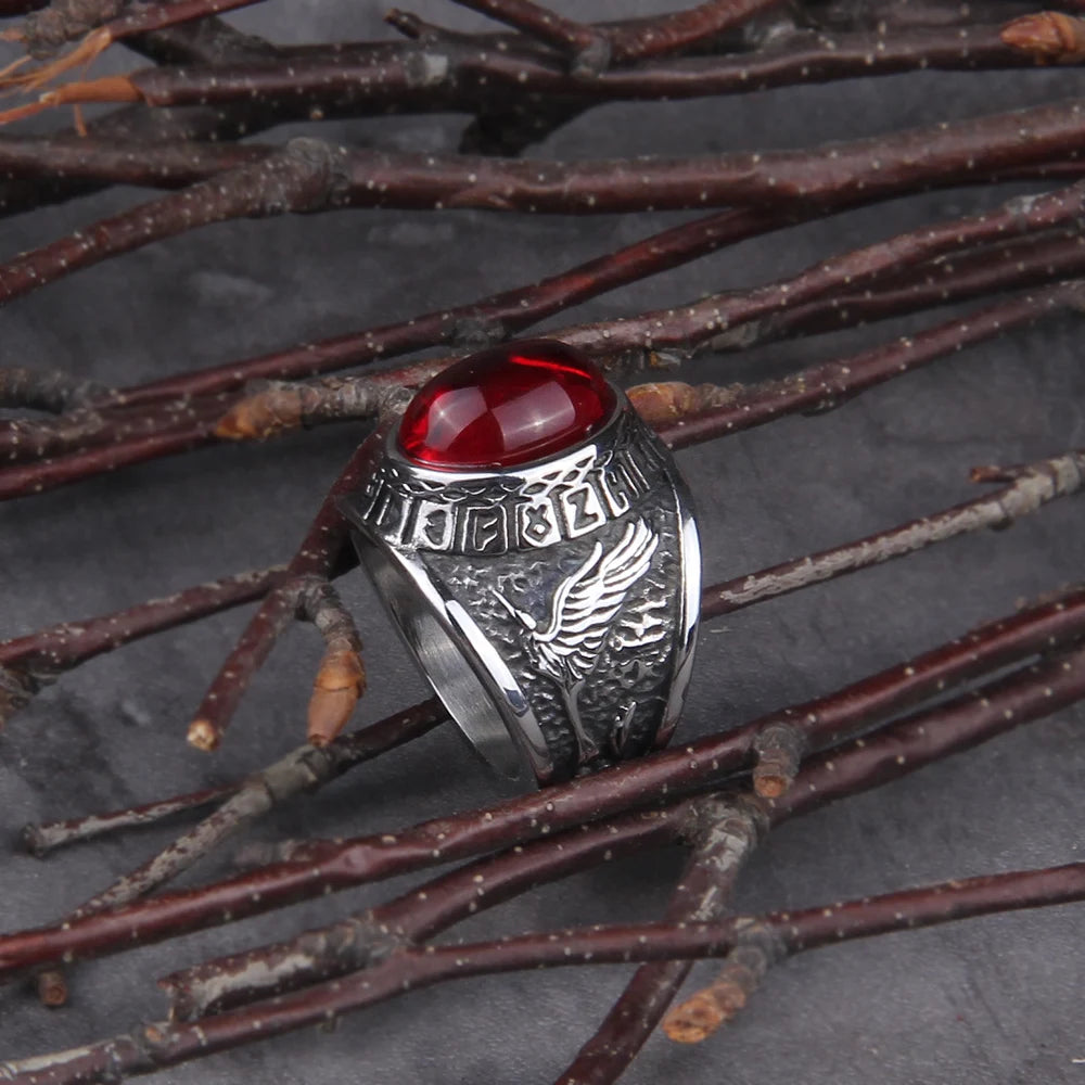 2020 Hot Selling Stainless Steel Red Stone Ring Viking raven and wolf ring never fade rune ring as men gift