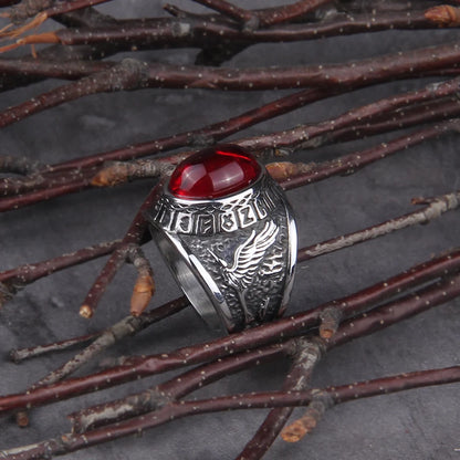 2020 Hot Selling Stainless Steel Red Stone Ring Viking raven and wolf ring never fade rune ring as men gift
