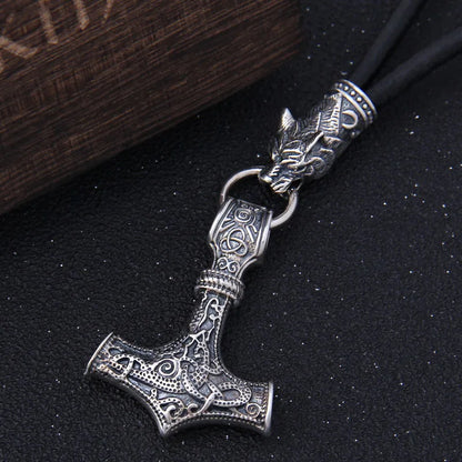 S925 Sterling Silver Viking Wolf heads with Thor's Hammer Mjolnir