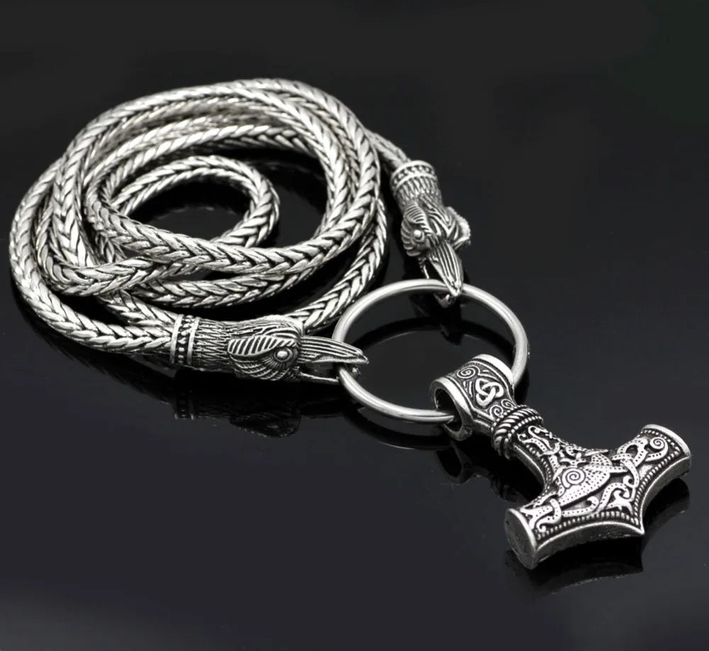 Norse Viking Pendant Cord Odin's Ravens Of Thor's Hammer amulet Axe