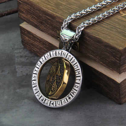 Rotating Wolf and Tree of Life Viking Rune Necklace Stainless Steel