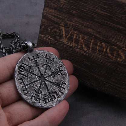 Viking Helm of Awe and Vegvisir Rune Necklace Stainless Steel