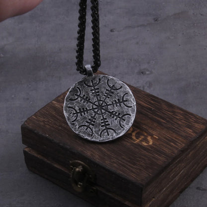 Viking Helm of Awe and Vegvisir Rune Necklace Stainless Steel
