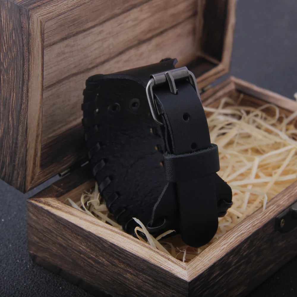 Charm Wide Leather Bracelet Men Punk Braided Rope Alloy Cuff Bangle Male Wristband Viking Bracelet Mens Jewelry with wood box