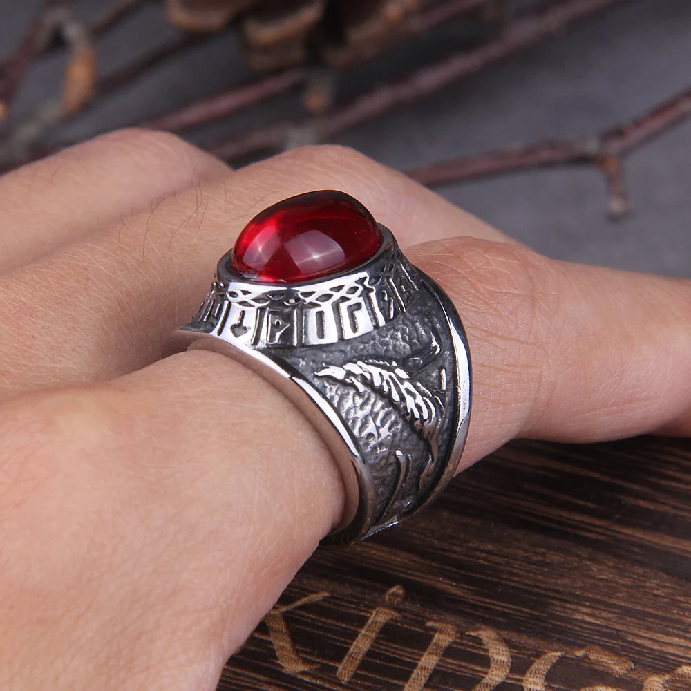 2020 Hot Selling Stainless Steel Red Stone Ring Viking raven and wolf ring never fade rune ring as men gift