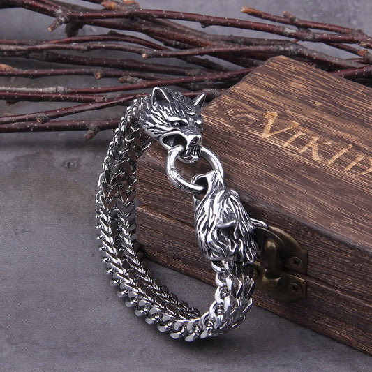 Never Fade Rock Viking Wolf Charm Bracelet Men's Stainless Steel Mesh Chain silver color Wolf Punk Bracelets Biker Jewelry