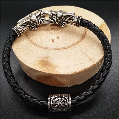 Viking Runes Beads Wolf Head Bracelet Leather