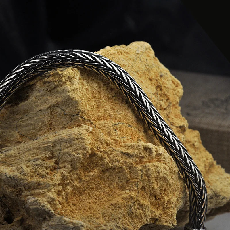 S925 Metal Making Antique Sterling Silver Vikings Bracelet as men gift with wood box