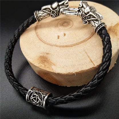 Viking Runes Beads Wolf Head Bracelet Leather