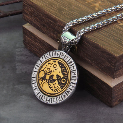 Rotating Wolf and Tree of Life Viking Rune Necklace Stainless Steel