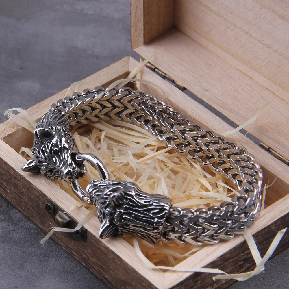 Never Fade Rock Viking Wolf Charm Bracelet Men's Stainless Steel Mesh Chain Gold Wolf Punk Jewelry without box