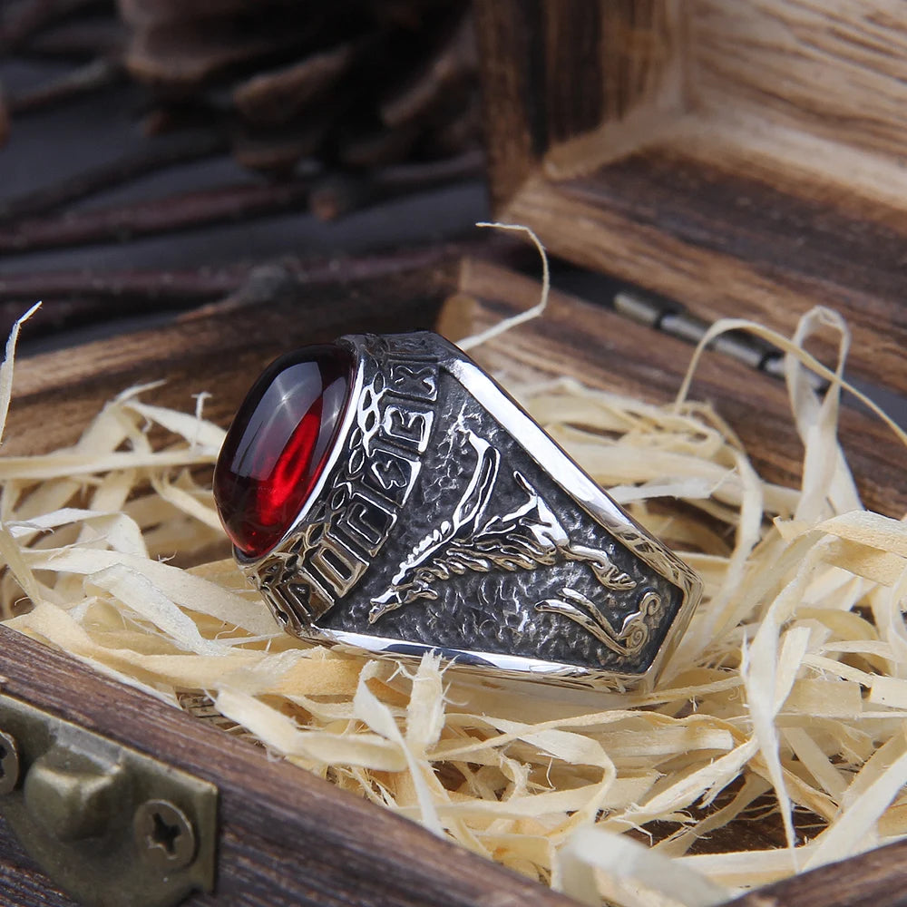 2020 Hot Selling Stainless Steel Red Stone Ring Viking raven and wolf ring never fade rune ring as men gift