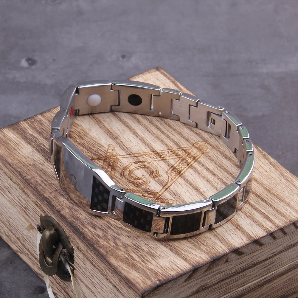 Masonic Black Magnetic Bracelet Men Stainless Steel Hand Chain ID Bracelets Carbon Fiber Magnetic Health Energy Bracelet for Men