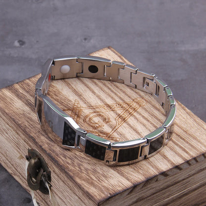 Masonic Black Magnetic Bracelet Men Stainless Steel Hand Chain ID Bracelets Carbon Fiber Magnetic Health Energy Bracelet for Men