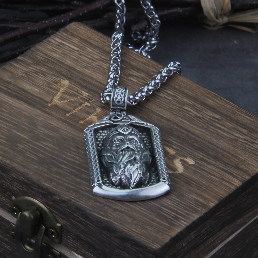 Sterling Silver Odin frame with chain and Viking wooden box