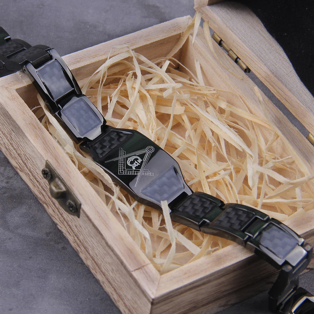Masonic Black Magnetic Bracelet Men Stainless Steel Hand Chain ID Bracelets Carbon Fiber Magnetic Health Energy Bracelet for Men