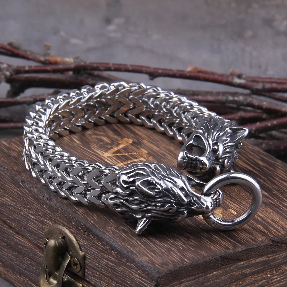 Never Fade Rock Viking Wolf Charm Bracelet Men's Stainless Steel Mesh Chain Gold Wolf Punk Jewelry without box