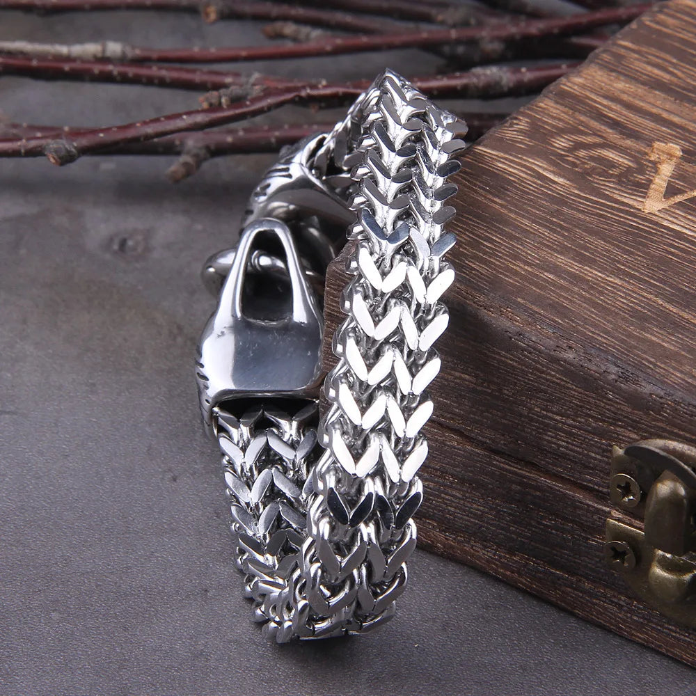 Never Fade Rock Viking Wolf Charm Bracelet Men's Stainless Steel Mesh Chain silver color Wolf Punk Bracelets Biker Jewelry