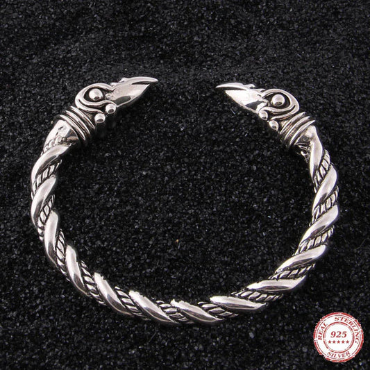 Sterling Silver Norse Viking Rune Raven Bangle