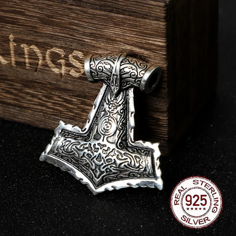 sterling silver Viking raven thor's hammer necklace