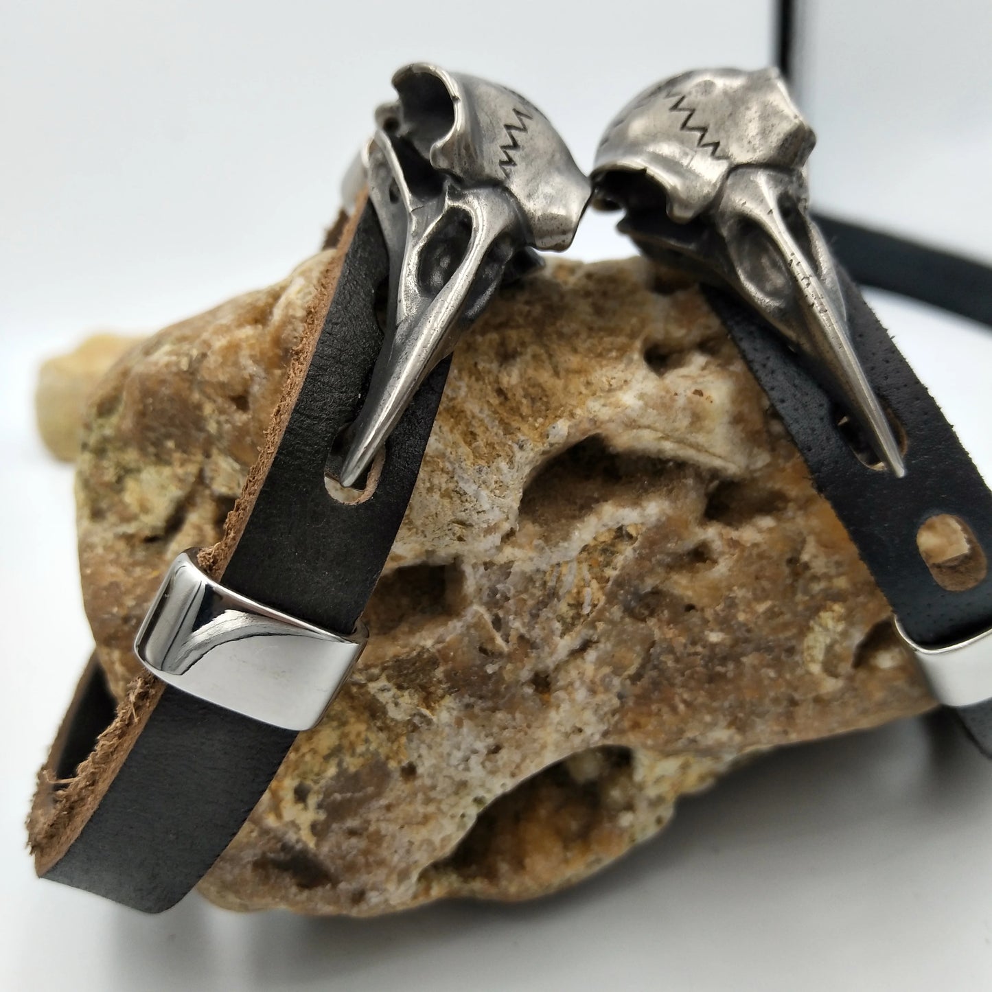 Stainless Steel Odin Raven Viking Skull Leather Bracelet