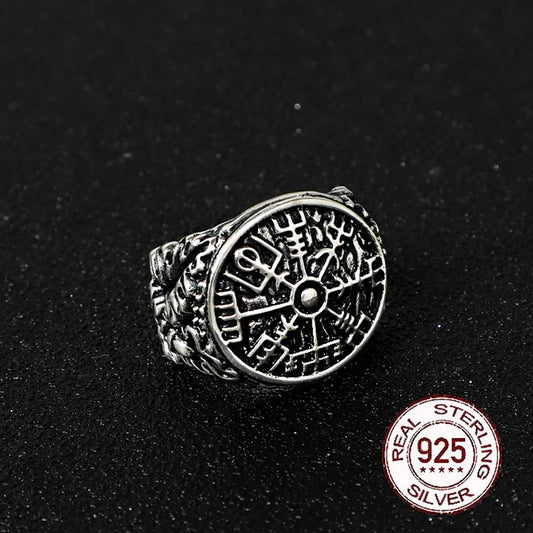 925 sterling silver Viking Vegvisir rune Shield adjustable ring with vintage viking wood box as gift