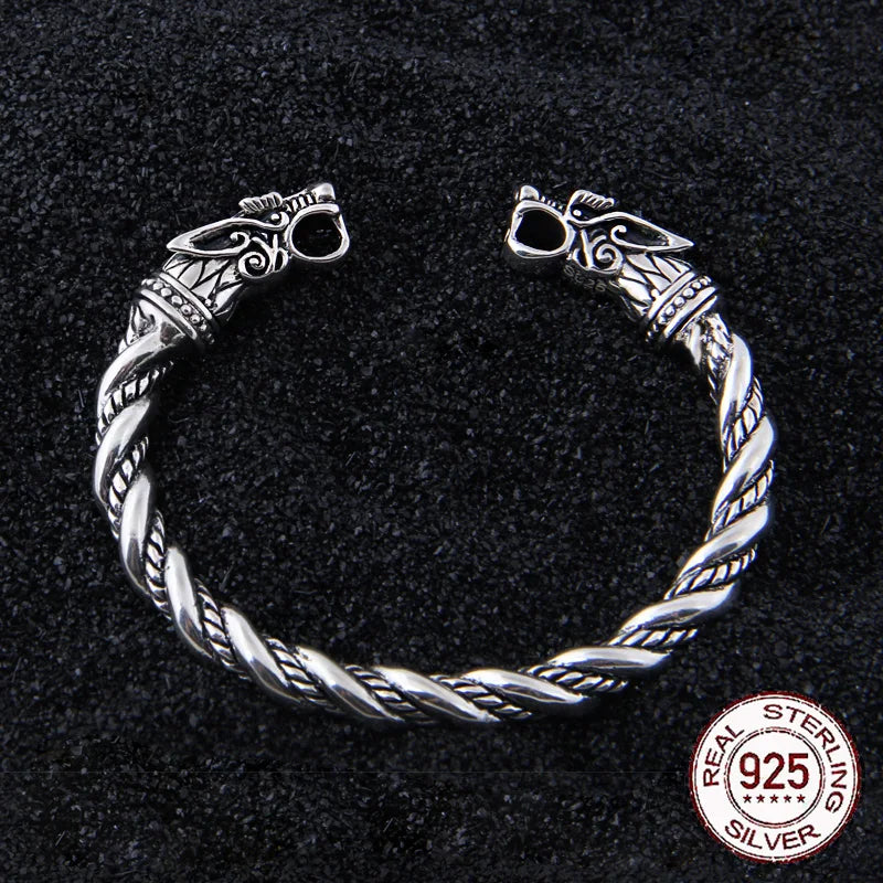 S925 Sterling Silver Viking Wolf Bangle with wood box as gift for men or women