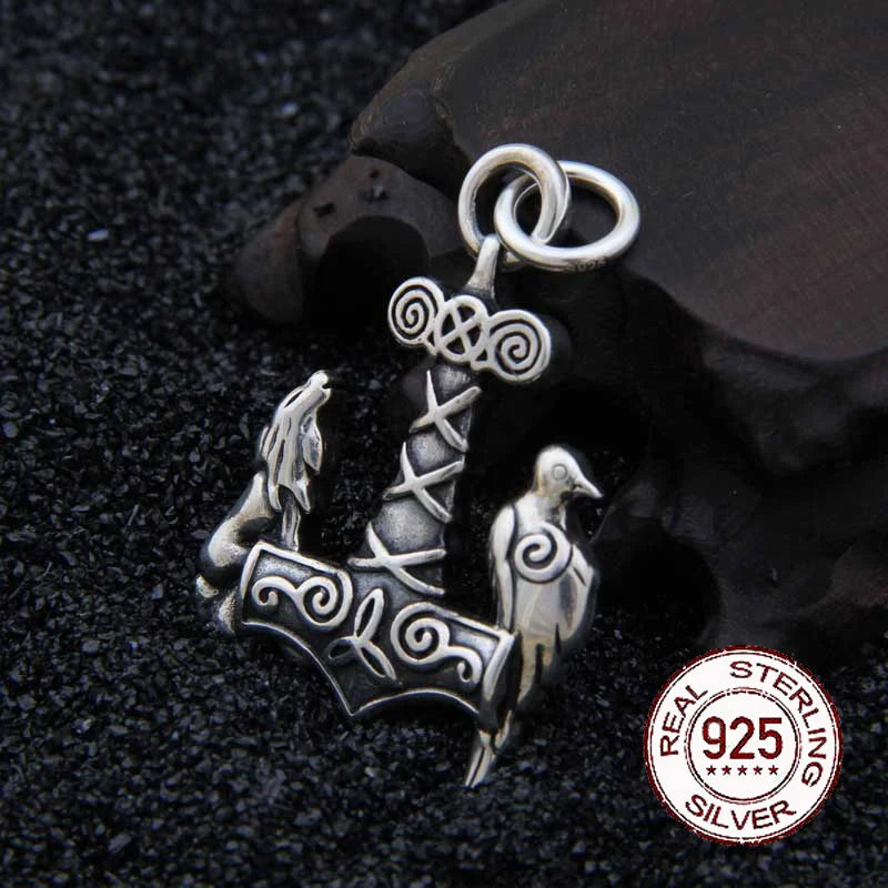 Sterling Silver Viking wolf and raven Thor's hammer necklace