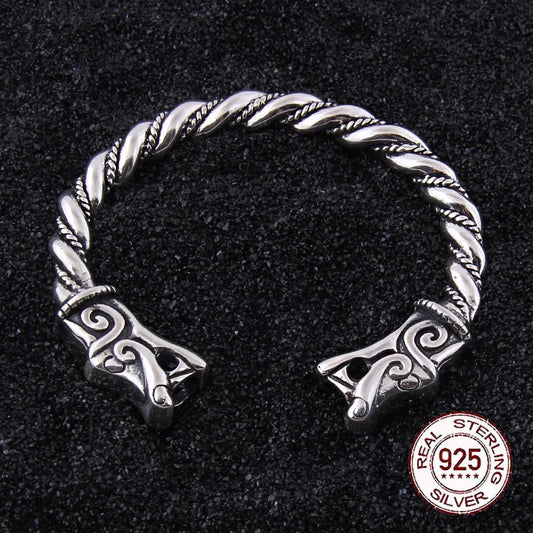 Sterling Silver Big Viking Dragon Bangle with wood box as gift for men or women