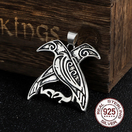 sterling silver Norse Double Raven necklace with cow leather chain and keel chain and wood box