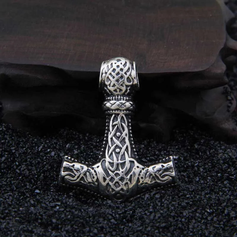925 Sterling Silver Viking wolf thor's hammer pendant necklace with real leather and keel chain as gift