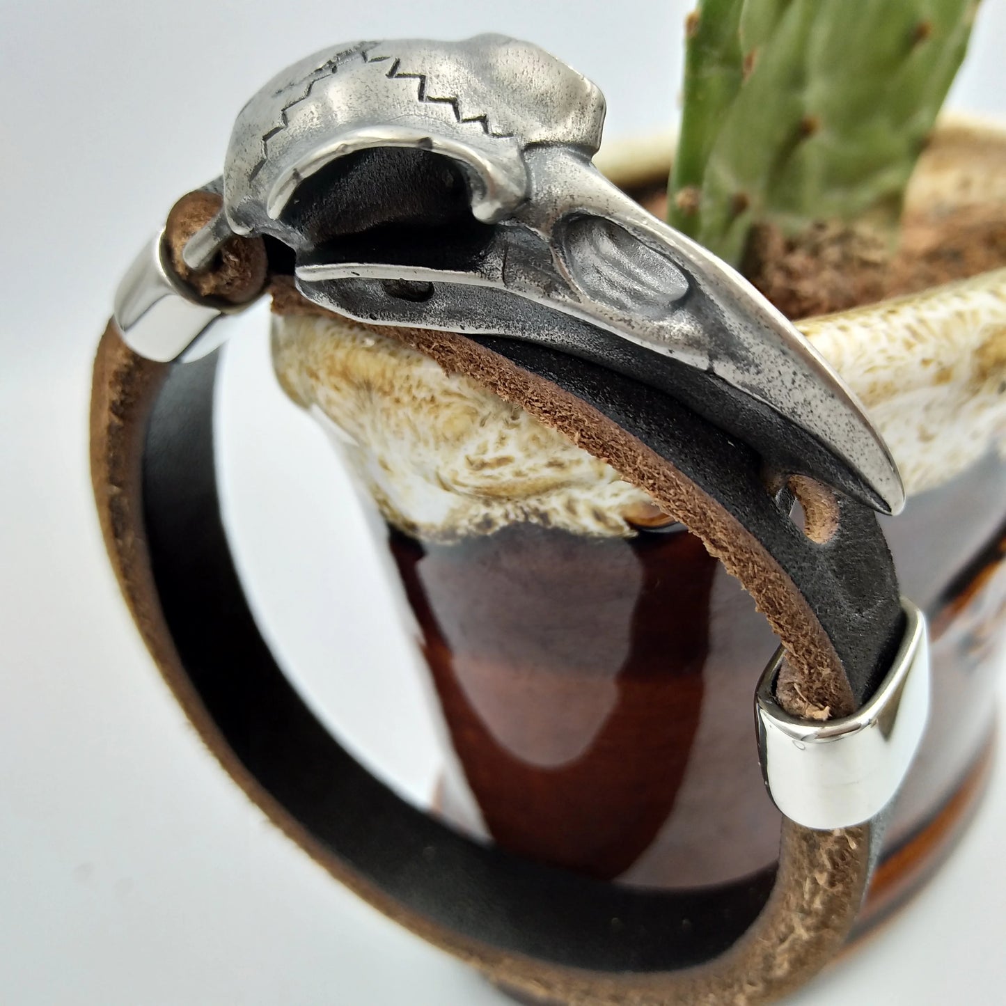 Stainless Steel Odin Raven Viking Skull Leather Bracelet