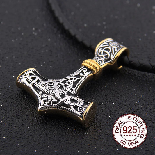 925 Sterling Silver Viking thor's hammer pendant necklace with real leather and keel chain as gift