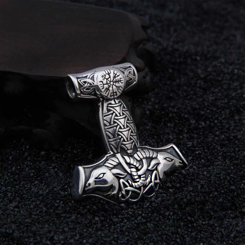 Sterling Silver Viking Goat Viking Thor hammer Necklace with real leather and keel chain