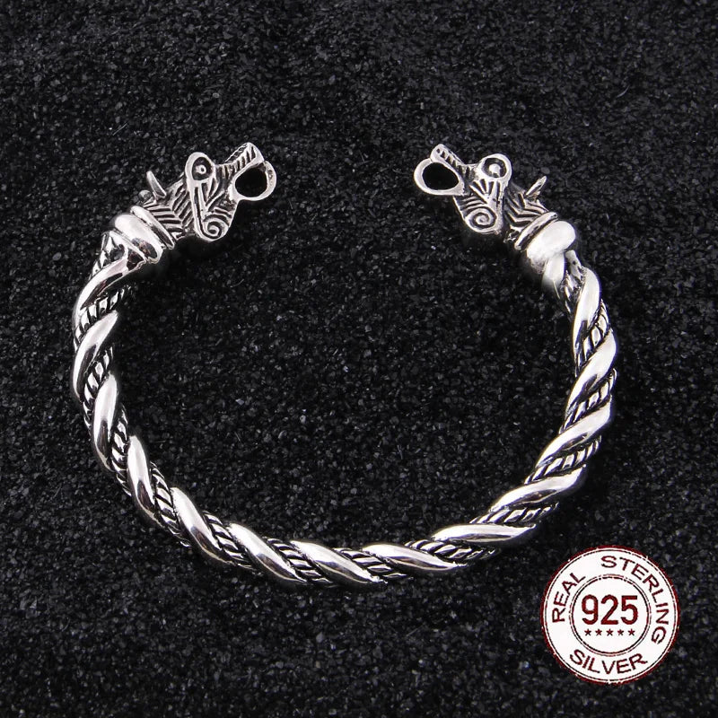 Sterling Silver Viking Wolf Twisted body Bangle