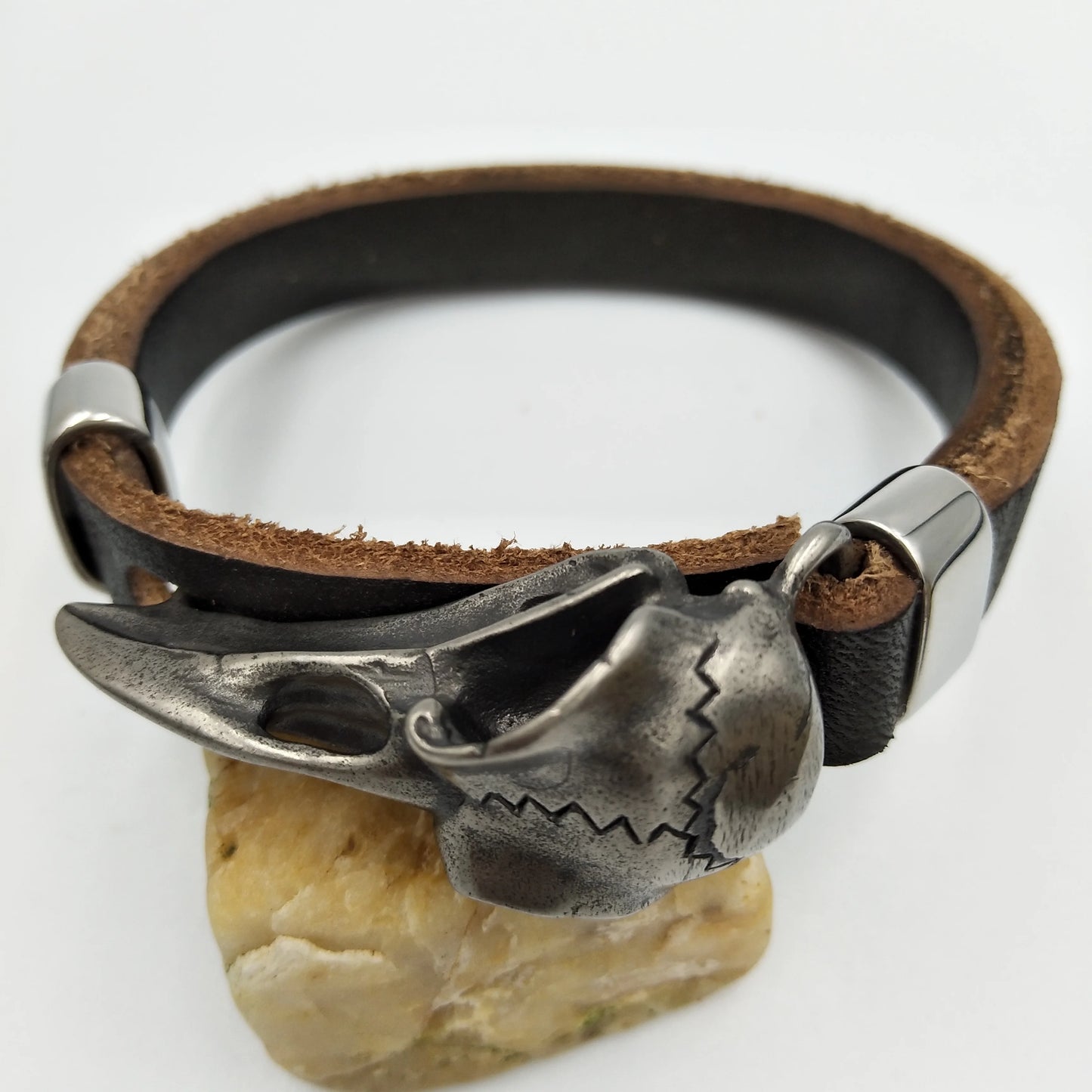 Stainless Steel Odin Raven Viking Skull Leather Bracelet