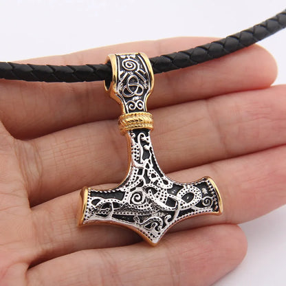 925 Sterling Silver Viking thor's hammer pendant necklace with real leather and keel chain as gift