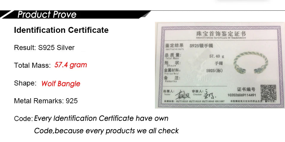 S925 Sterling Silver Viking Wolf Bangle with wood box as gift for men or women