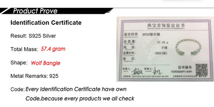 S925 Sterling Silver Viking Wolf Bangle with wood box as gift for men or women