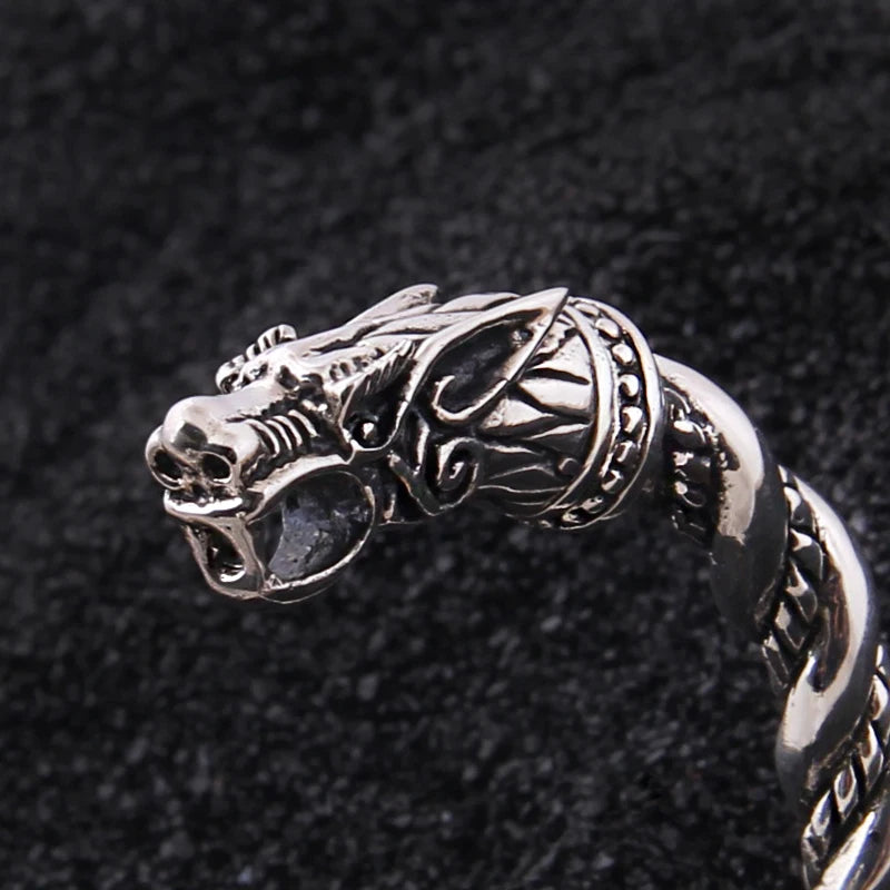 S925 Sterling Silver Viking Wolf Bangle with wood box as gift for men or women