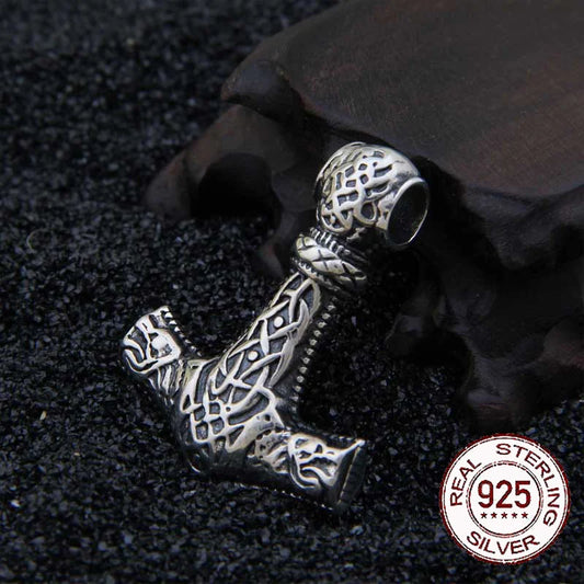 Sterling Silver Viking wolf thor's hammer necklace with real leather and keel chain